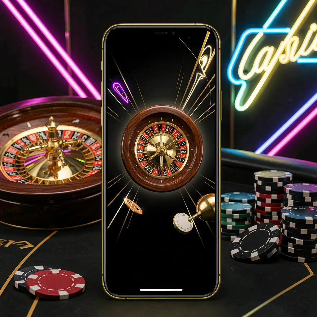 RM77 mobile casino application scene featuring a phone in the center with a roulette wheel and poker chips in the background, illuminated by glowing neon lights in a premium black and gold style