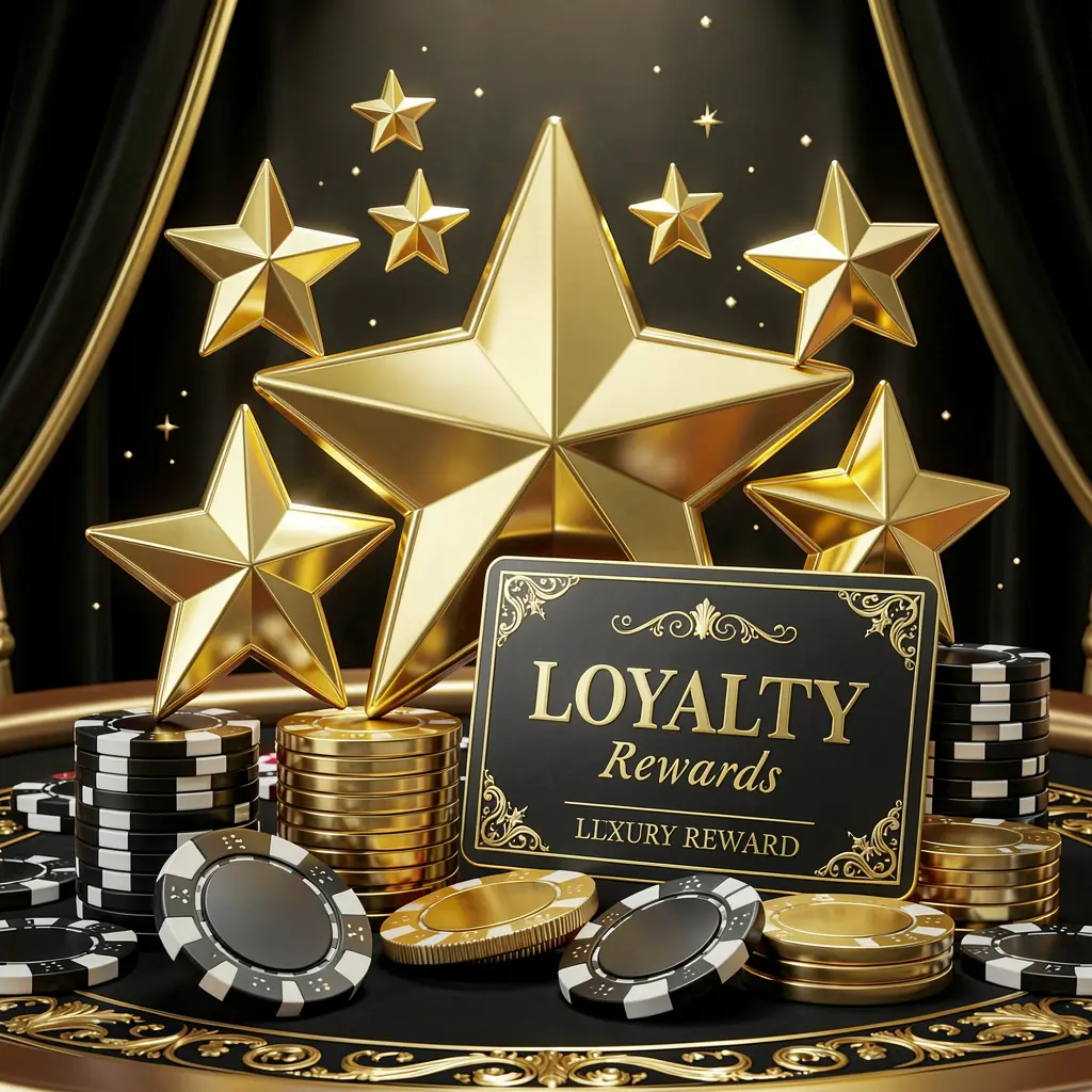 RM77 loyalty rewards casino image featuring golden stars, poker chips, coins, and a luxury reward card against an elegant black and gold background in a realistic 3D render