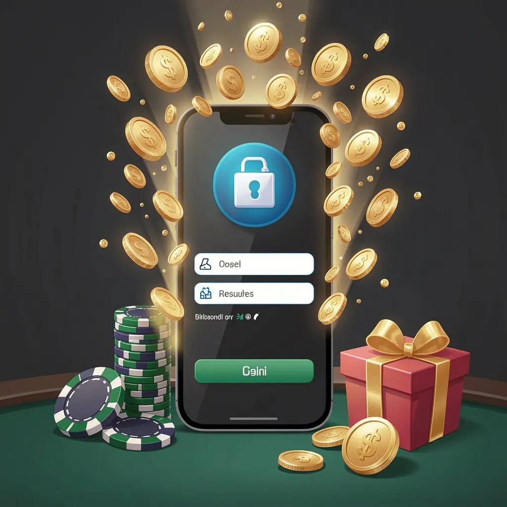 RM77 casino user login illustration showing a phone with a secure access icon, golden coins bursting from the screen, poker chips and a gift box nearby on a dark premium background