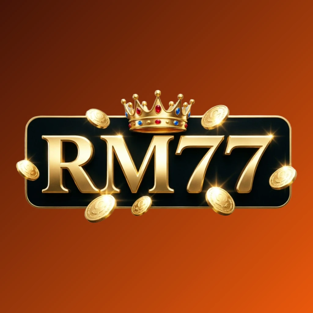 Casino-style logo for RM77 featuring golden letters with a crown element and sparkling coins, set in a luxury gaming atmosphere with a transparent background, designed as a wide horizontal rectangular wordmark for website header