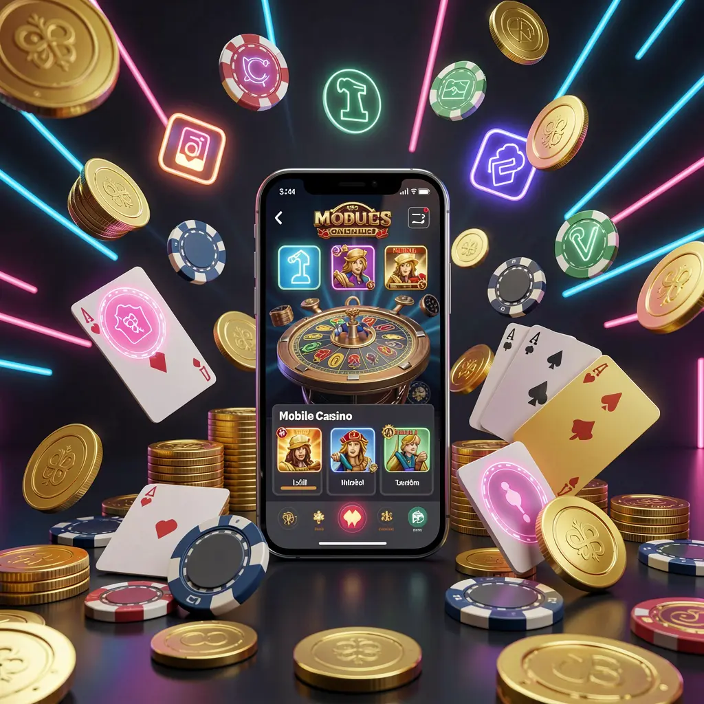 RM77 mobile casino homepage concept showing a smartphone surrounded by golden coins, chips, cards, and glowing icons on a modern dark background with neon accents